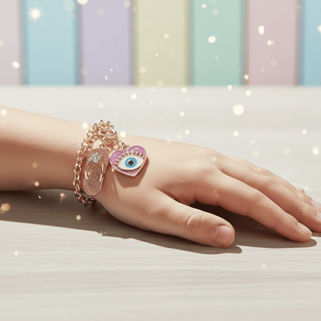 Hand wearing multiple bracelets with charms against a pastel striped background