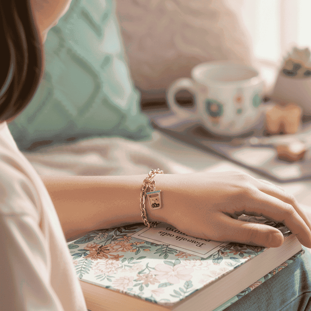 Person holding a book with a cup of tea and snacks on a table in the background