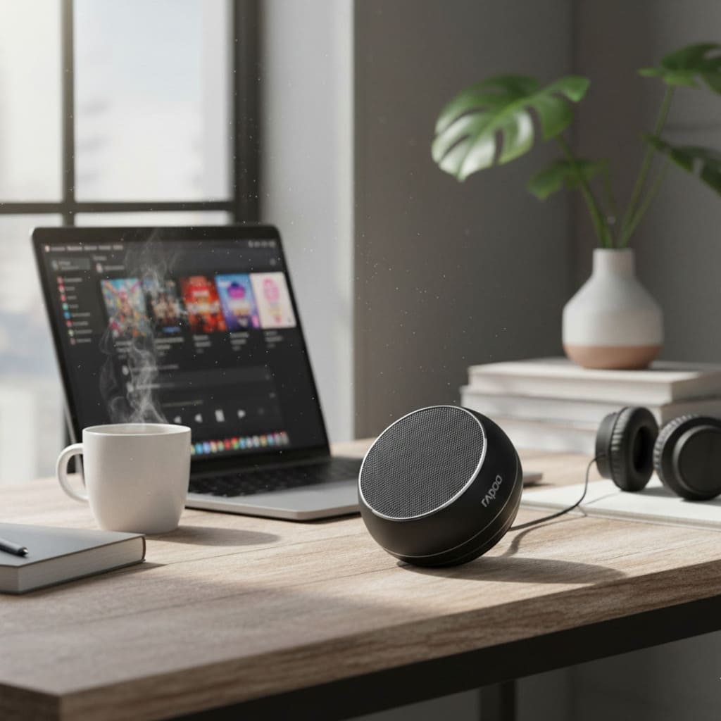 Laptop, coffee mug, and speaker on a desk with a plant in the background