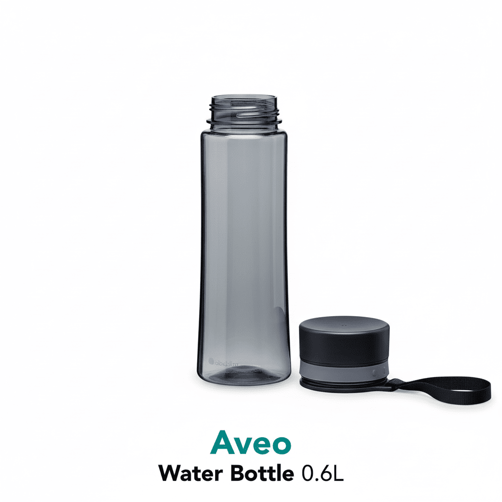 Gray water bottle with black cap on a white background, featuring the Aveo brand.