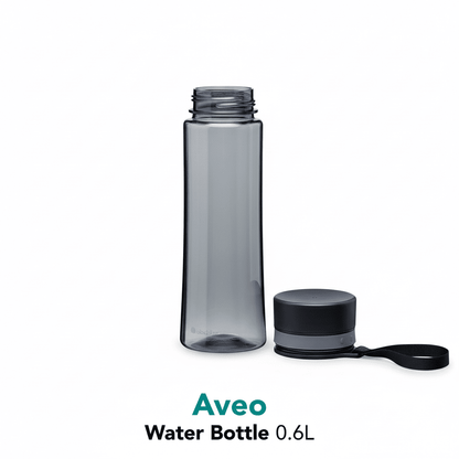 Gray water bottle with black cap on a white background, featuring the Aveo brand.