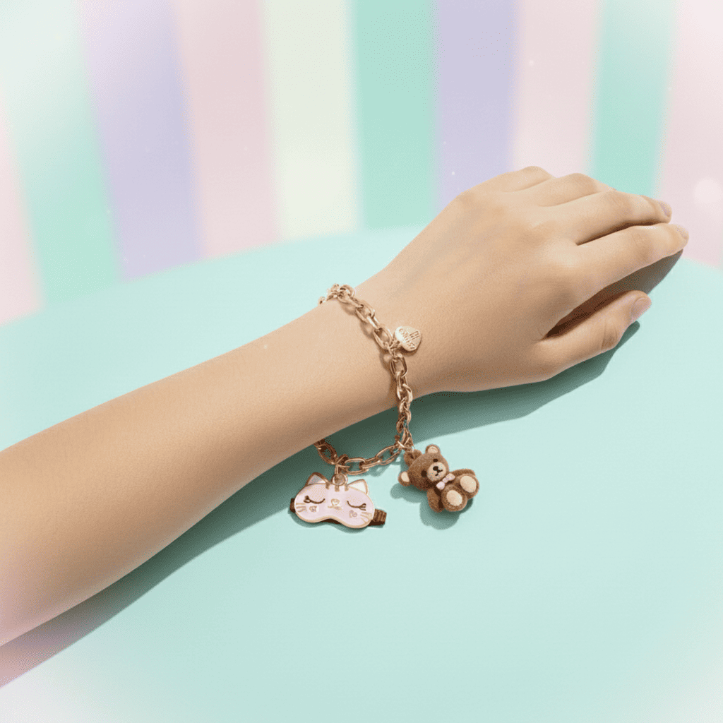 Hand wearing a bracelet with charms on a pastel striped background