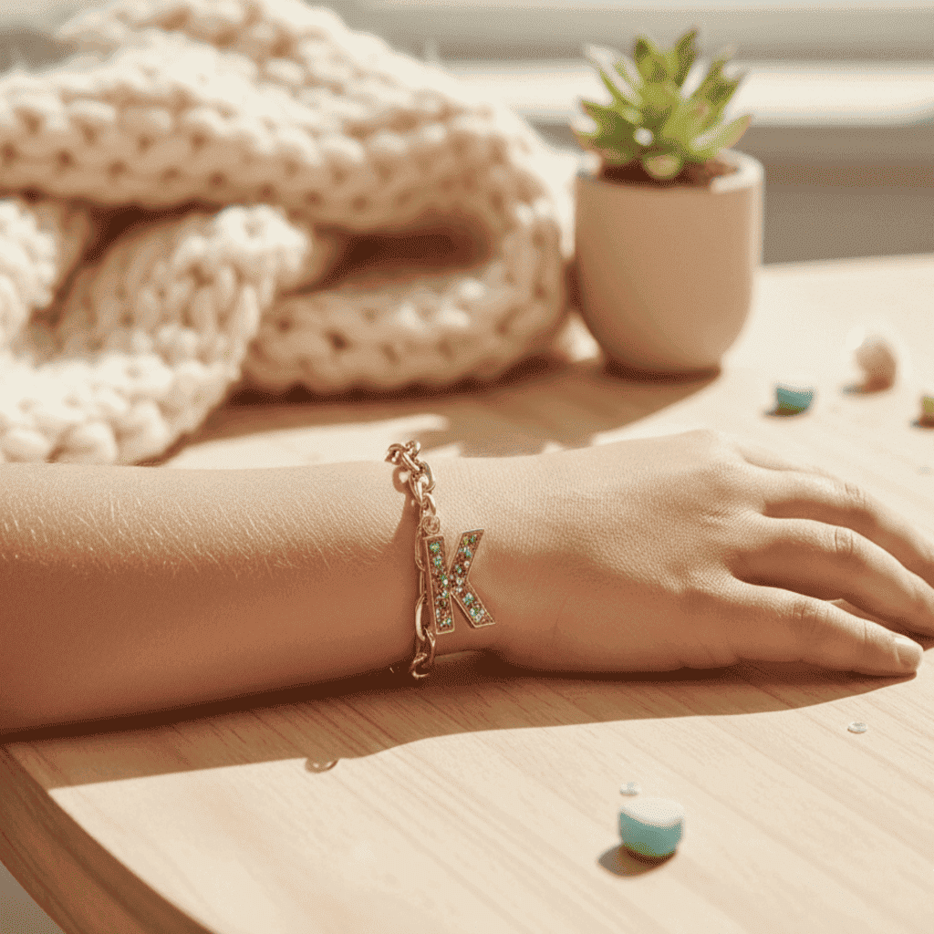Hand wearing a bracelet with a 'K' charm on a wooden surface with a plant in the background
