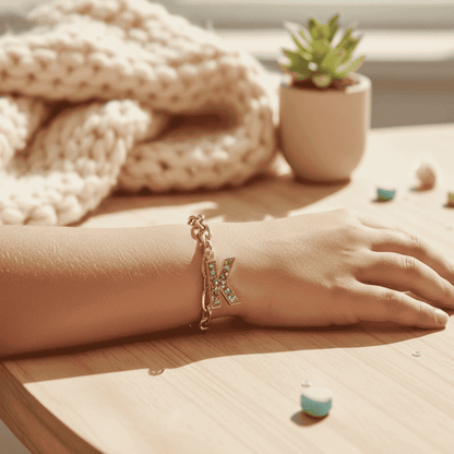 Hand wearing a bracelet with a 'K' charm on a wooden surface with a plant in the background
