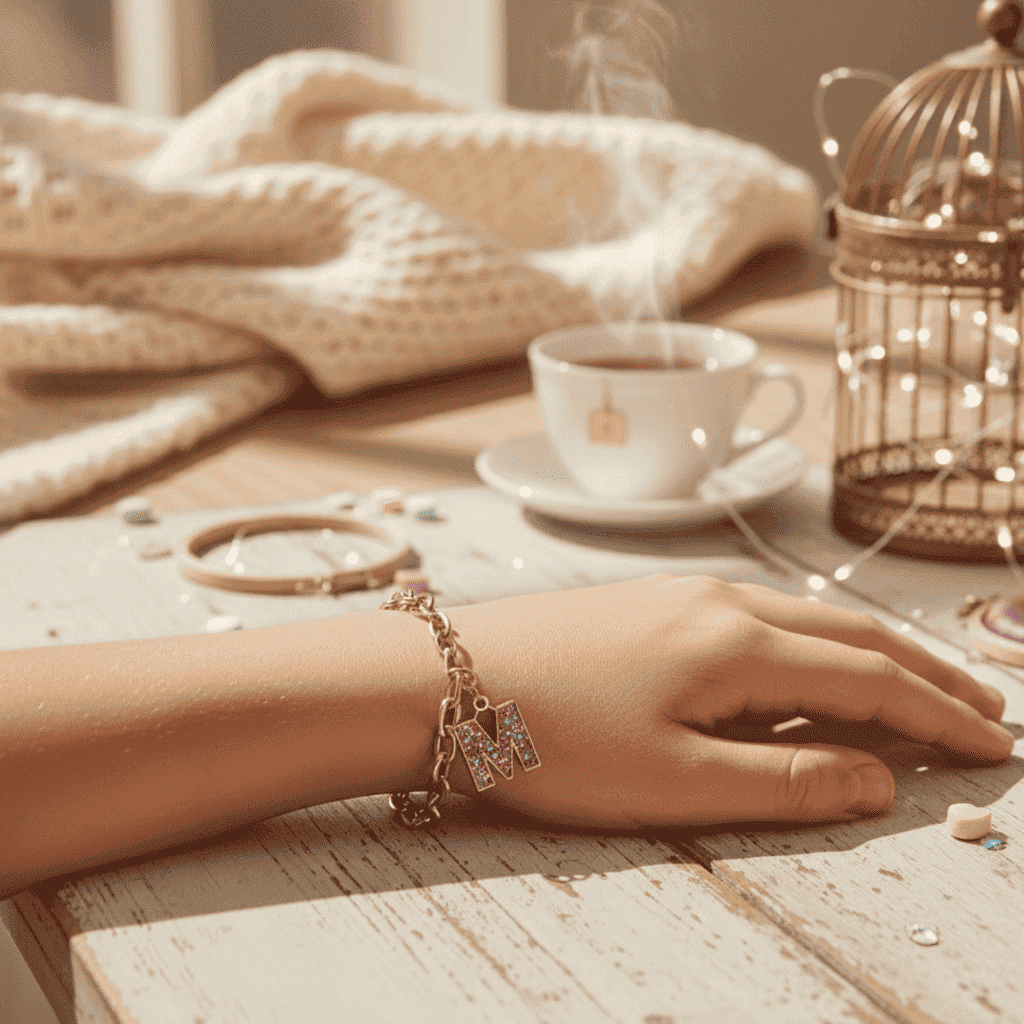 Hand with bracelet on wooden surface near a cup of coffee and textured blanket