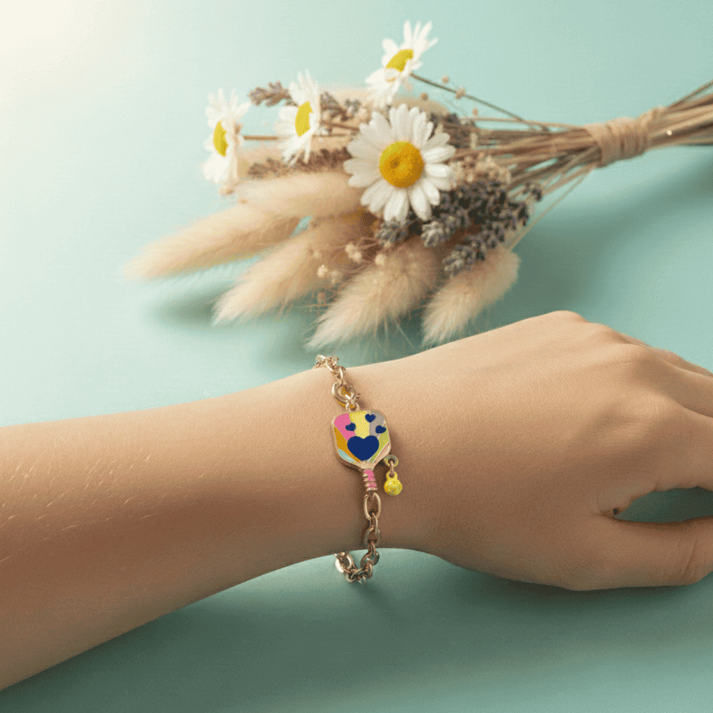Hand wearing a colorful bracelet with a heart charm, against a light blue background with flowers.