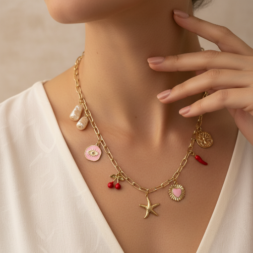 Gold necklace with various charms worn by a person against a neutral background