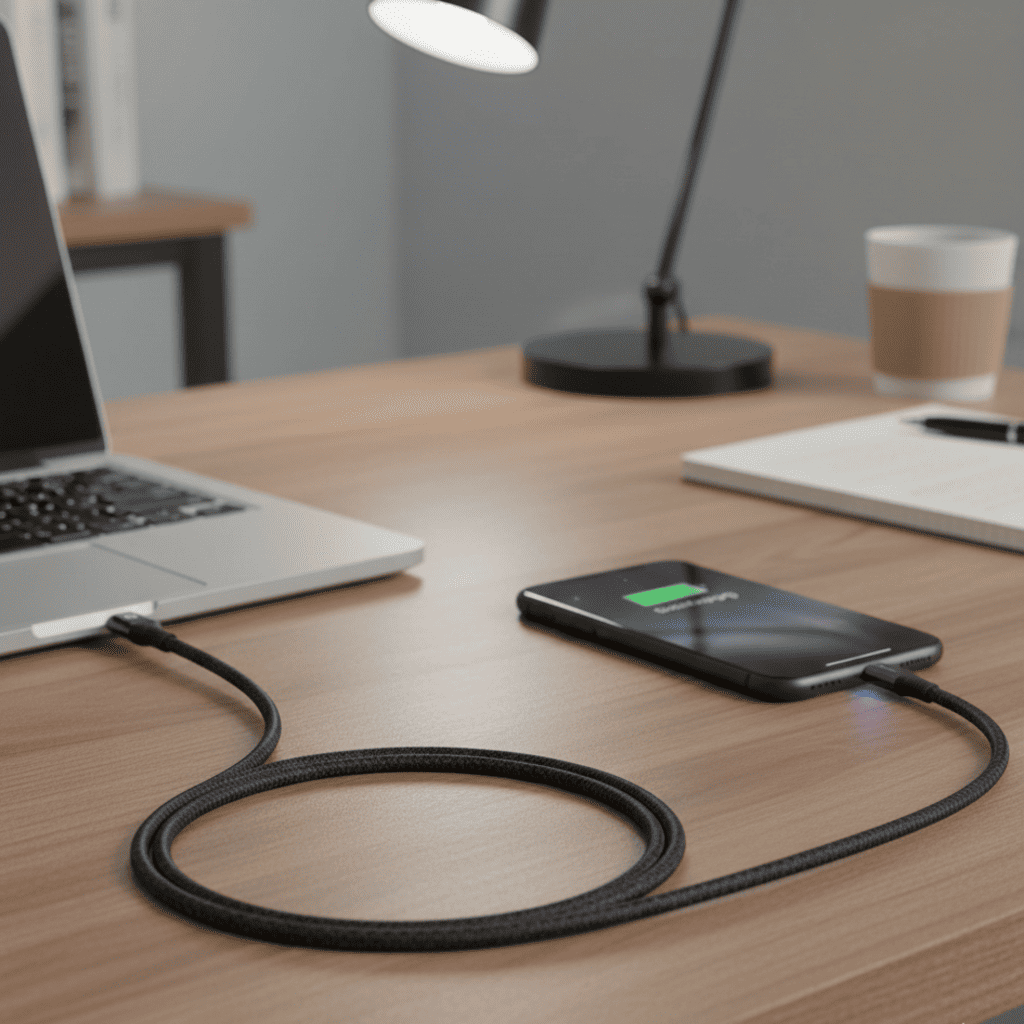 Smartphone charging on a desk with a laptop and coffee cup in the background