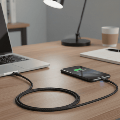 Smartphone charging on a desk with a laptop and coffee cup in the background