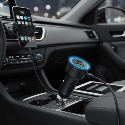 Car charger plugged into a car's USB port with a smartphone on a stand.