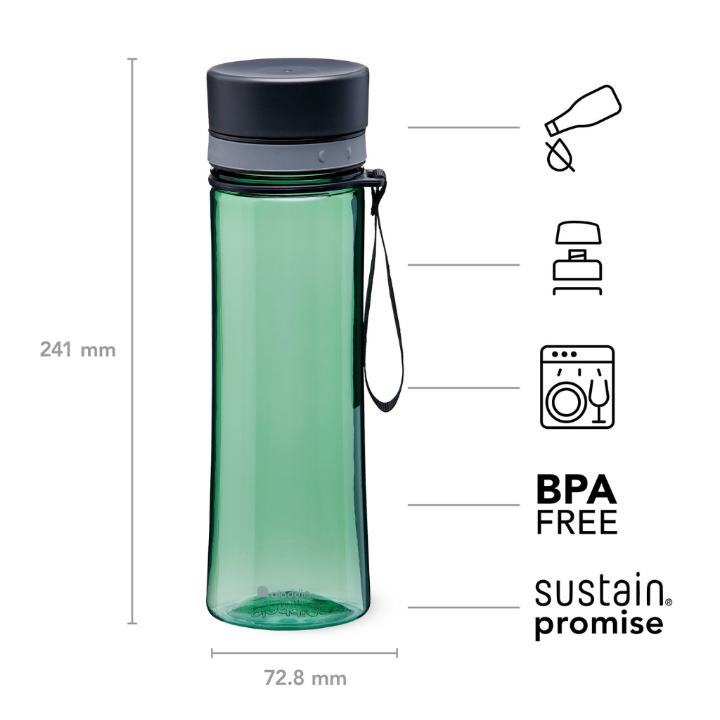 Green water bottle with black cap and measurement details on a white background