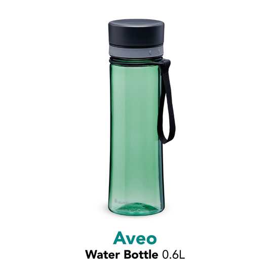 Green water bottle with black lid and handle on a white background, featuring the Aveo brand.