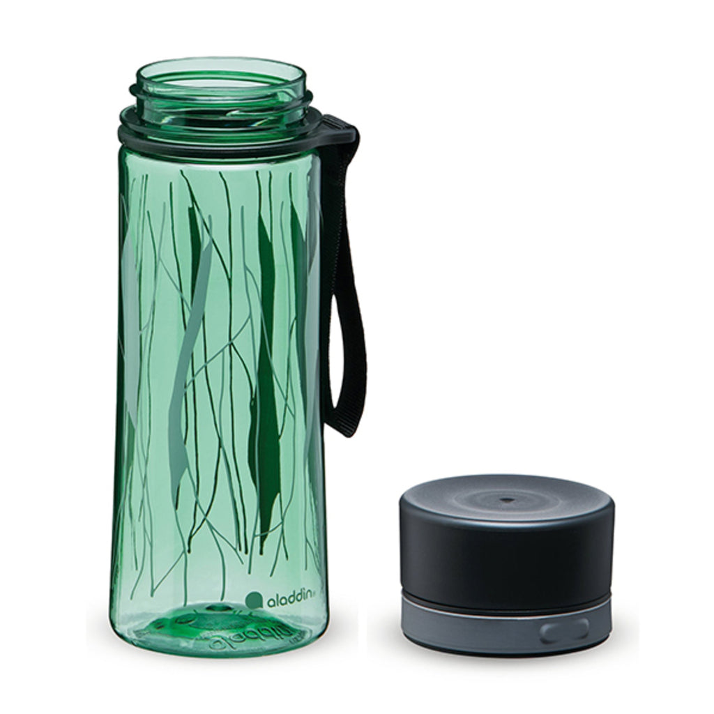Green water bottle with black lid and base on a white background