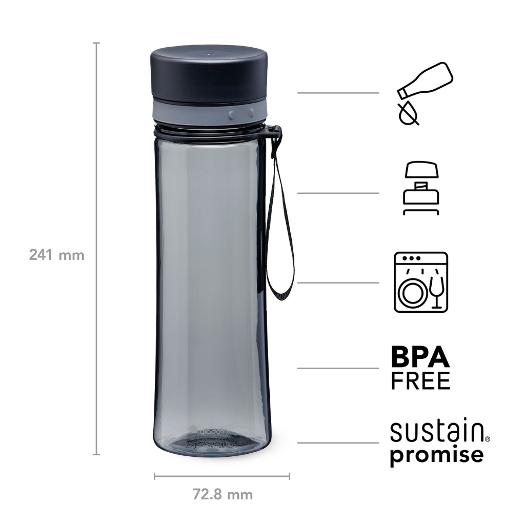 Gray water bottle with black lid and carrying strap, featuring 'BPA FREE' and 'sustain promise' text.