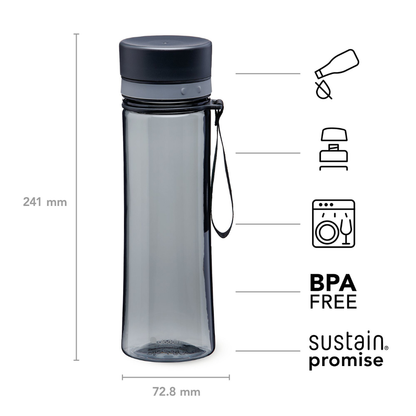 Gray water bottle with black lid and carrying strap, featuring 'BPA FREE' and 'sustain promise' text.