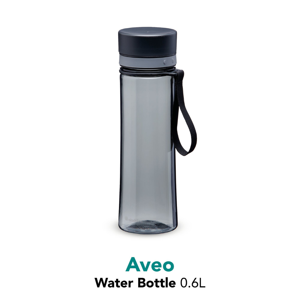 Aveo water bottle with black cap and handle on a white background