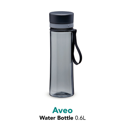 Aveo water bottle with black cap and handle on a white background