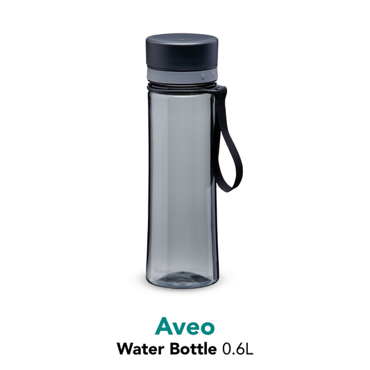 Aveo water bottle with black cap and handle on a white background