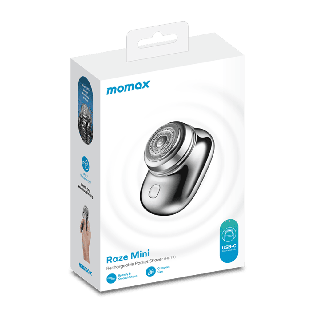 Momax Raze Mini rechargeable pocket shaver packaging on a green background
