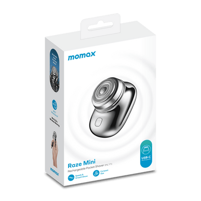 Momax Raze Mini rechargeable pocket shaver packaging on a green background