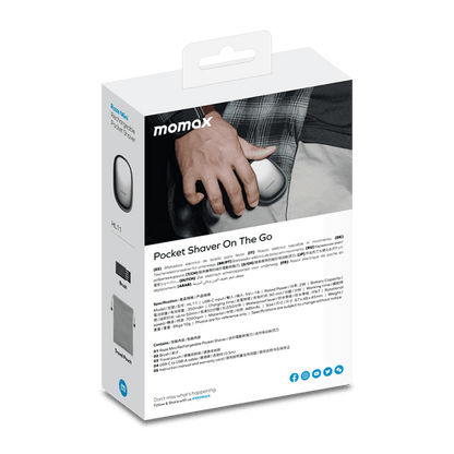 Momax pocket shaver packaging on a green background