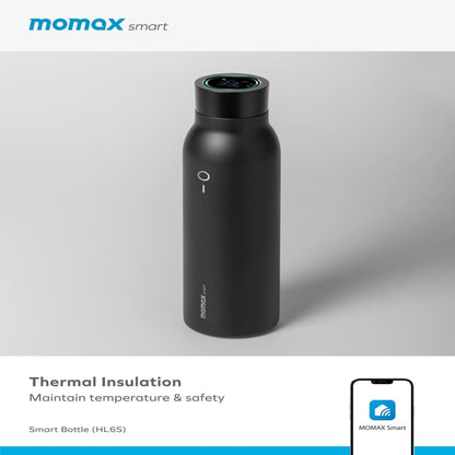 Black smart bottle with thermal insulation feature on a gray background, featuring the Momax brand.