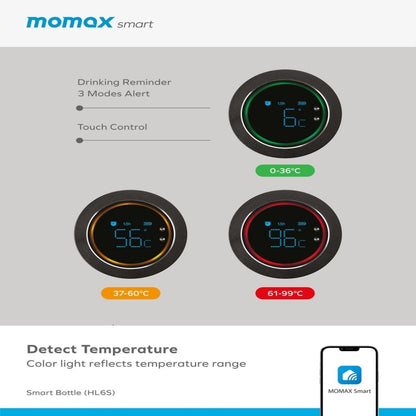 Momax smart water bottle display with temperature indicators and app icon.
