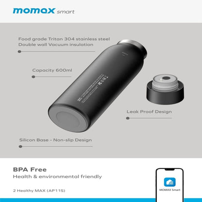 Black insulated bottle with features listed on a gray background, featuring the Momax brand.