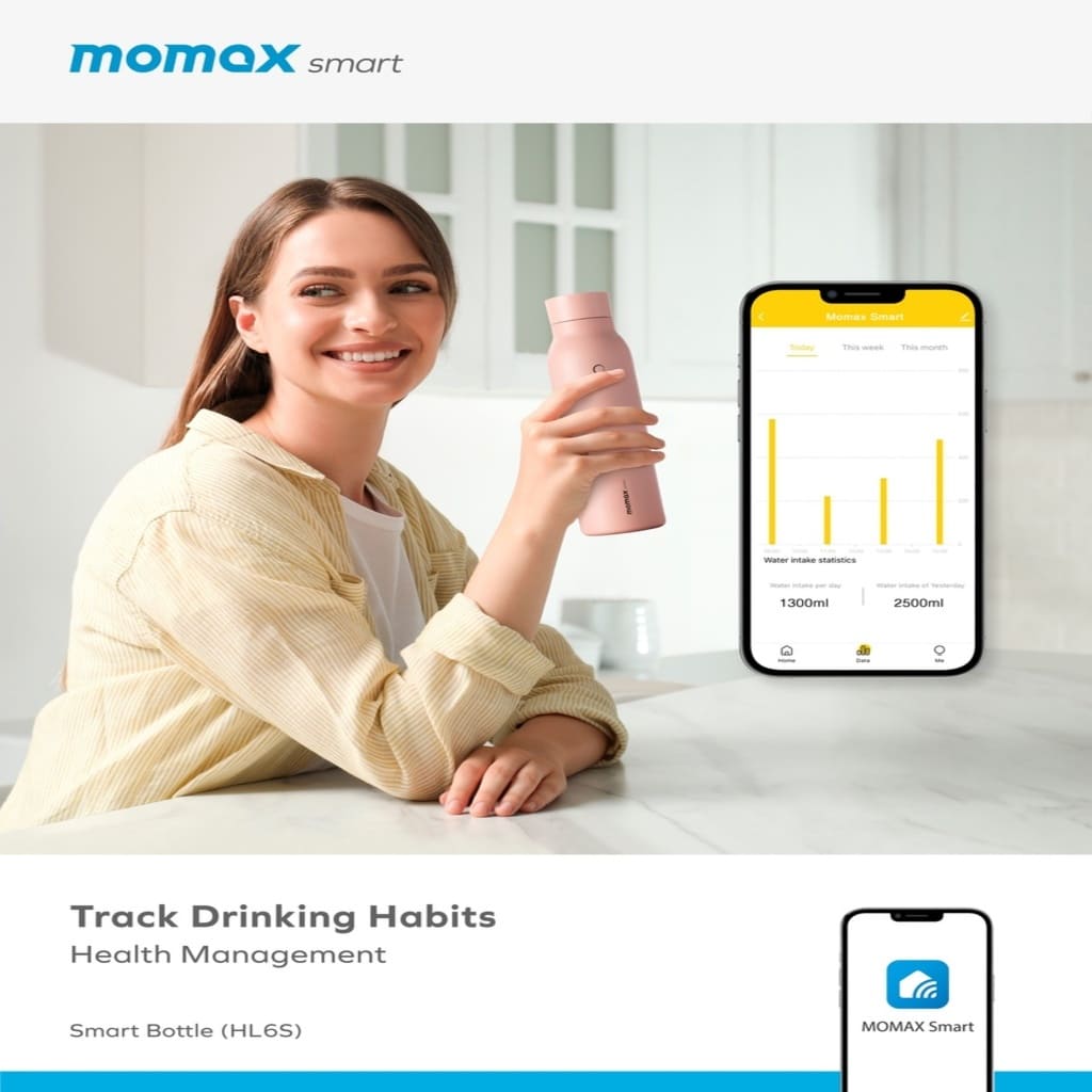 Woman holding a smart water bottle with a smartphone displaying an app, featuring Momax branding.