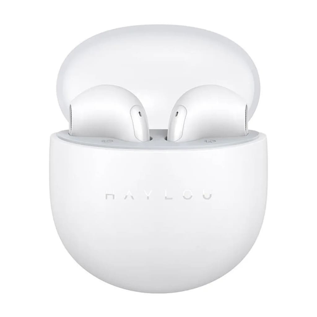 White wireless earbuds in a charging case on a white background