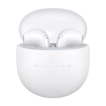 White wireless earbuds in a charging case on a white background