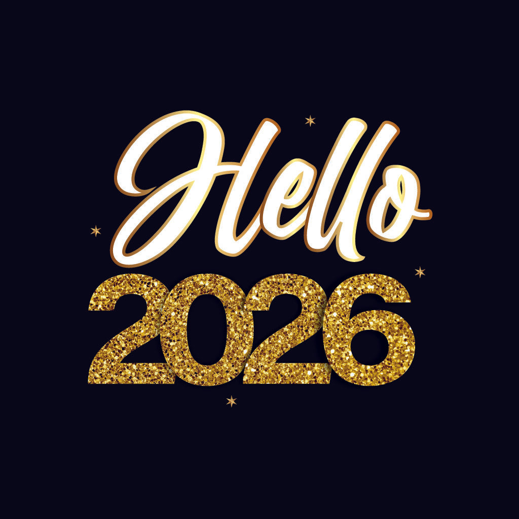 Text 'Hello 2026' with 'Hello' in cursive and '2026' in glittery gold on a black background.