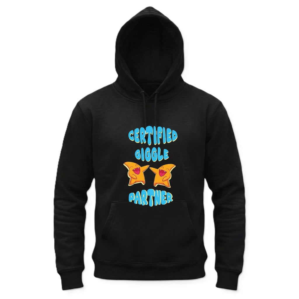Black hoodie with colorful text and graphics on a white background
