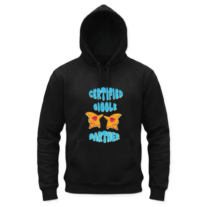 Black hoodie with colorful text and graphics on a white background
