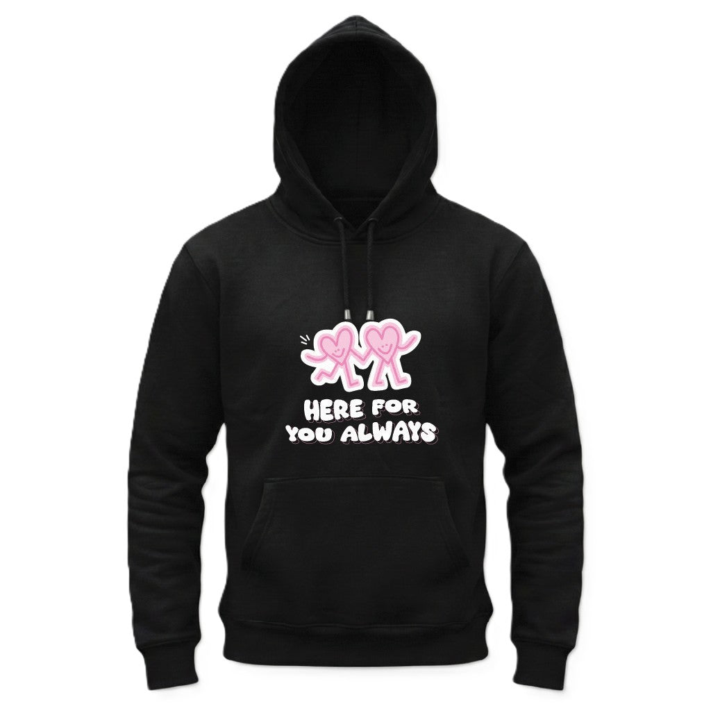 Black hoodie with pink cartoon hearts and text on a white background