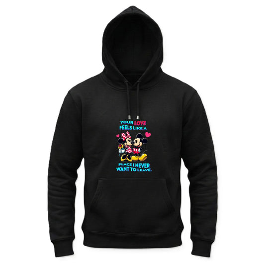 Black hoodie with colorful graphic and text on a white background