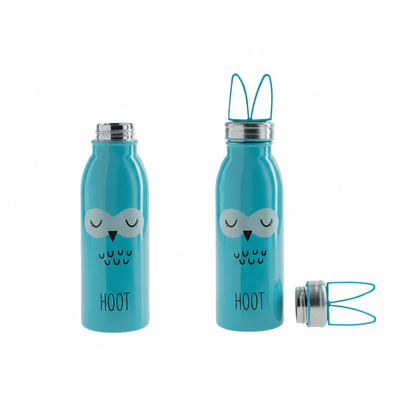 Two blue water bottles with owl design and 'HOOT' text on a white background