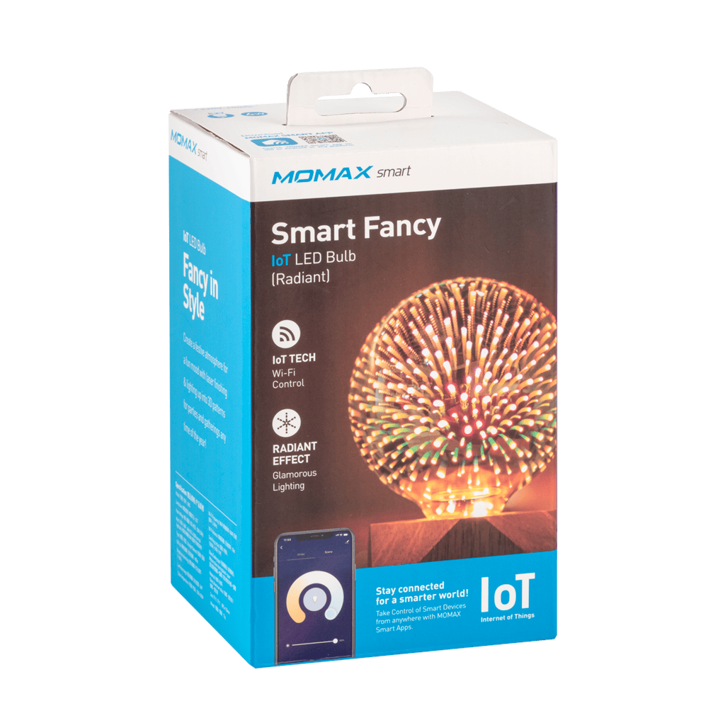 Momax smart LED bulb packaging with colorful design on a green background