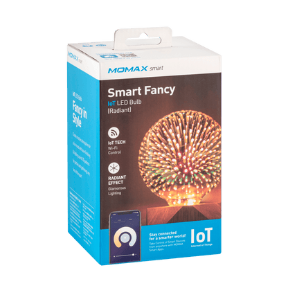 Momax smart LED bulb packaging with colorful design on a green background