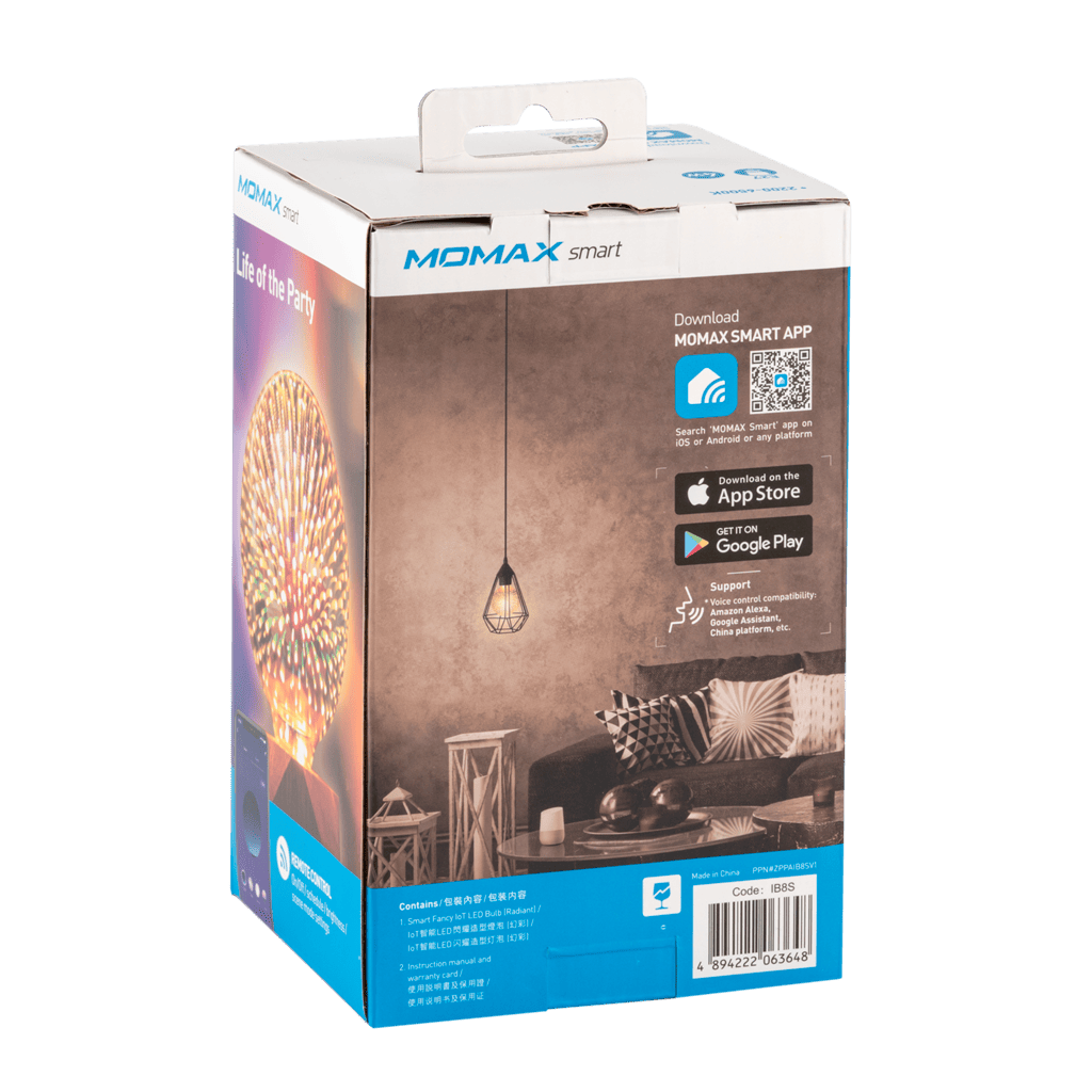 Momax smart product packaging with app store icons on a white background