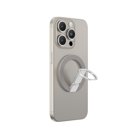iPhone with grey ring stand with white background