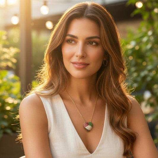 Woman wearing a necklace with a pendant outdoors