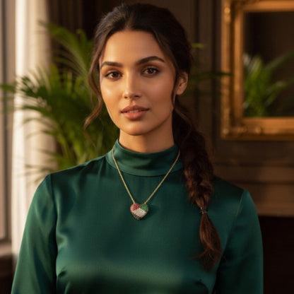 Woman wearing a green top with a necklace in an indoor setting