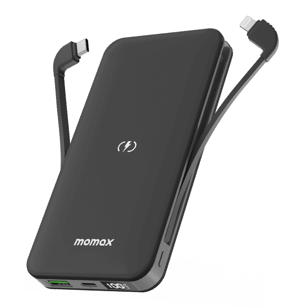 Black power bank with USB-C cable and adapter on a transparent background