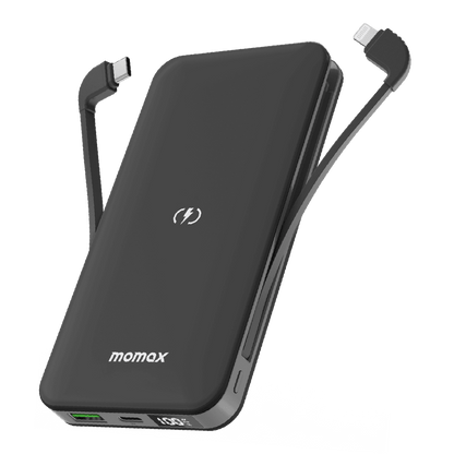 Black power bank with USB-C cable and adapter on a transparent background