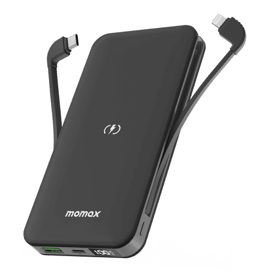 Black power bank with USB-C cable and adapter on a transparent background