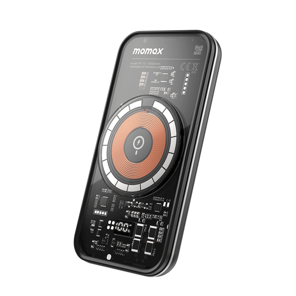 Black electronic device with circular design and 'momax' branding on a transparent background