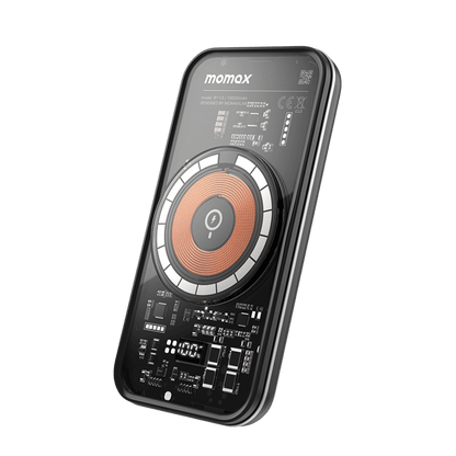 Black electronic device with circular design and 'momax' branding on a transparent background