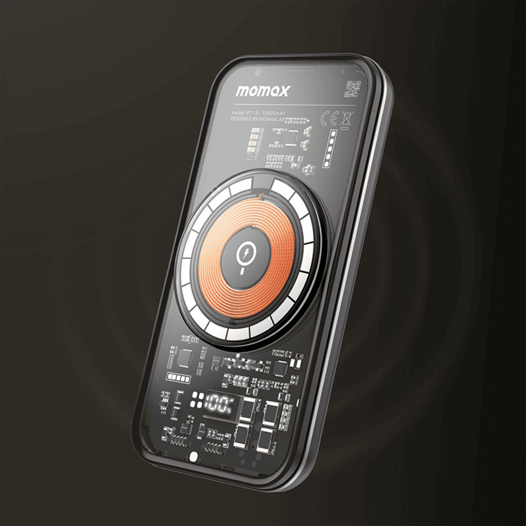 Momax electronic device with digital display on a dark background