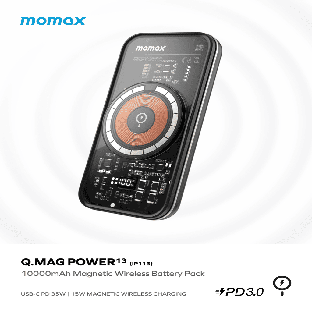 Momax Q.MAG POWER13 magnetic wireless battery pack on a white background